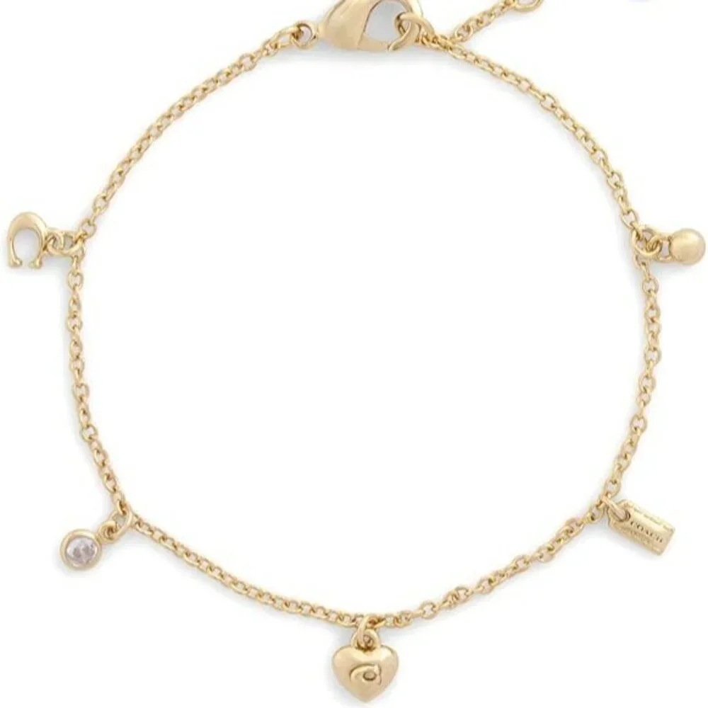 COACH Signature C Charm Bracelet 14K Gold Plated Hangtag Cubic Zirconia Gift New